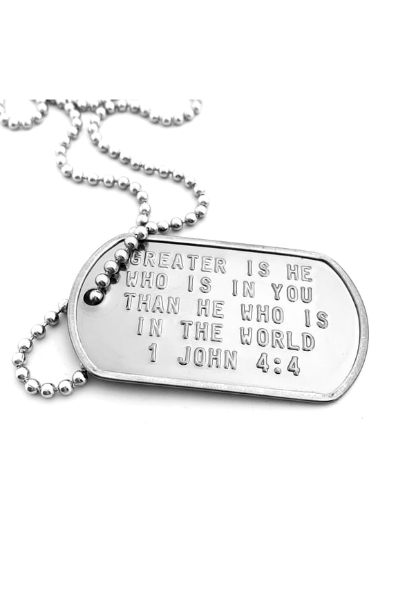 Greater Is He (wdc1j44) Who Is In You Than He Who Is In The World- 1 John 4:4  - Stainless Steel Dog Tag Necklace 30 Inch Ball Chain