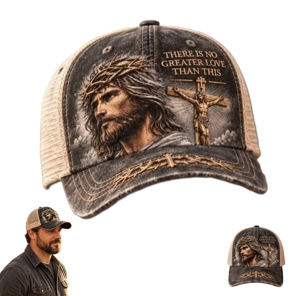 There is No Greater Love Christian Jesus Hat, Vintage Faith Trucker Cap,Vintage Christian trucker cap with Jesus, crown of thorns and cross details, plus a meaningful faith-inspired message
