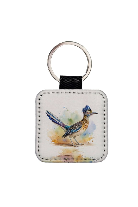 Greater Roadrunner New Mexico State Bird Watercolor Faux Leather Square Keychain