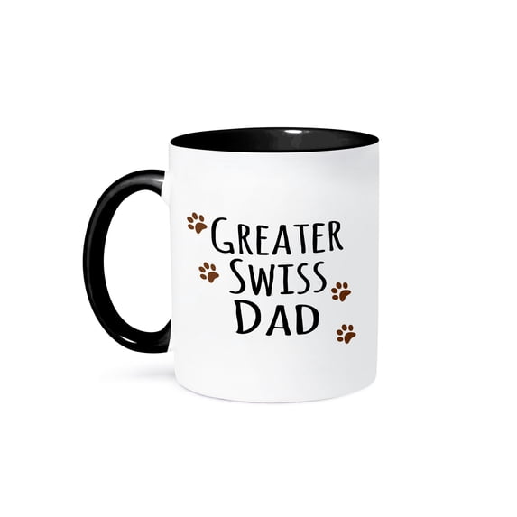 3dRose, Greater Swiss Dad - Greater Swiss Mountain Dog - Doggie by breed brown paw prints doggy lover owner, 15oz Two-Tone Black Mug