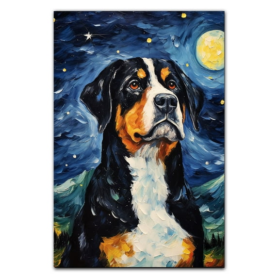 Greater Swiss Mountain Dog Art Canvas, Starry Night Van Gogh Oil Painting Art Print Poster Wall Decor Inspired Pomeranian Dog Pet Family Friend Peace