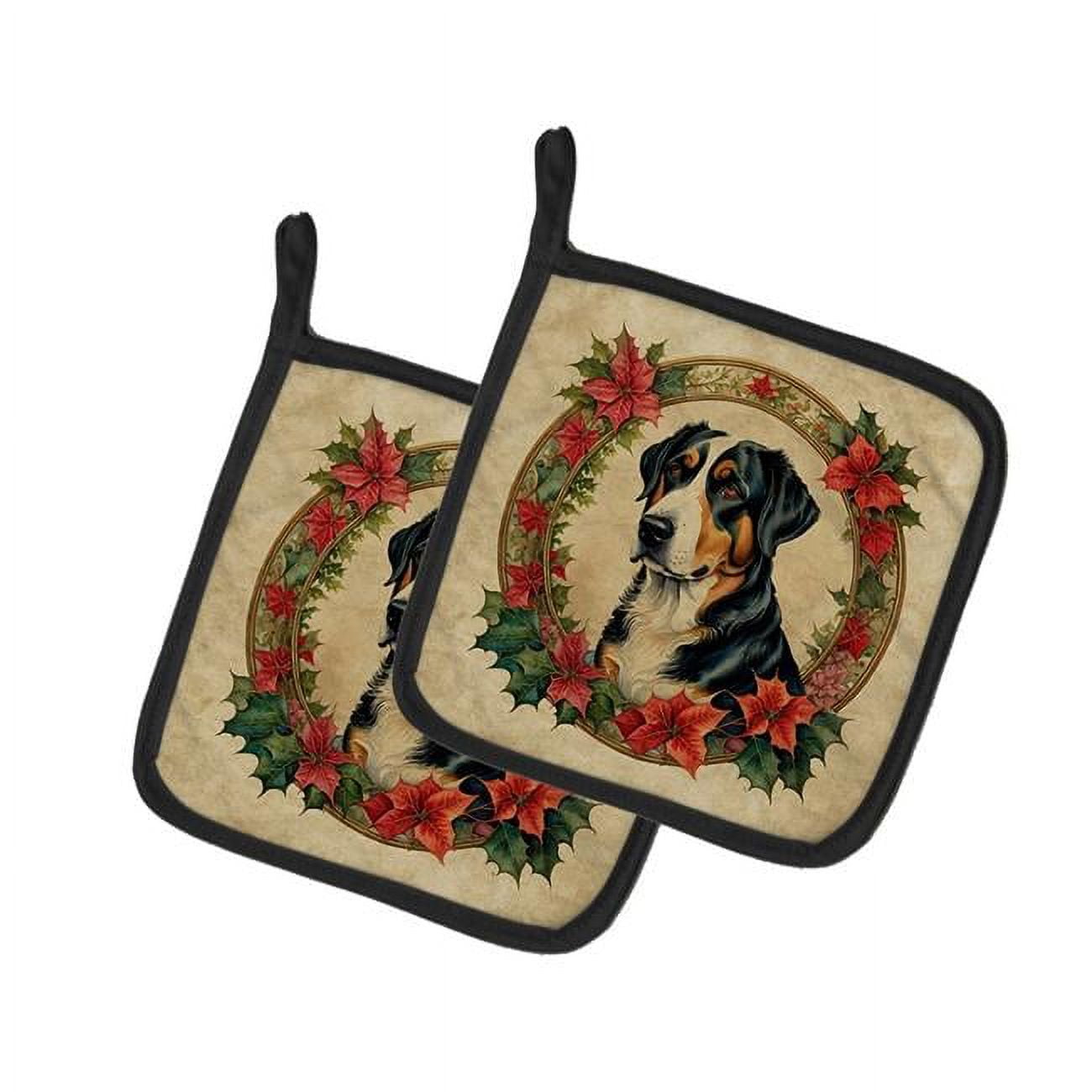Greater Swiss Mountain Dog Christmas Flowers Pair of Pot Holders 7.5 in x 7.5 in