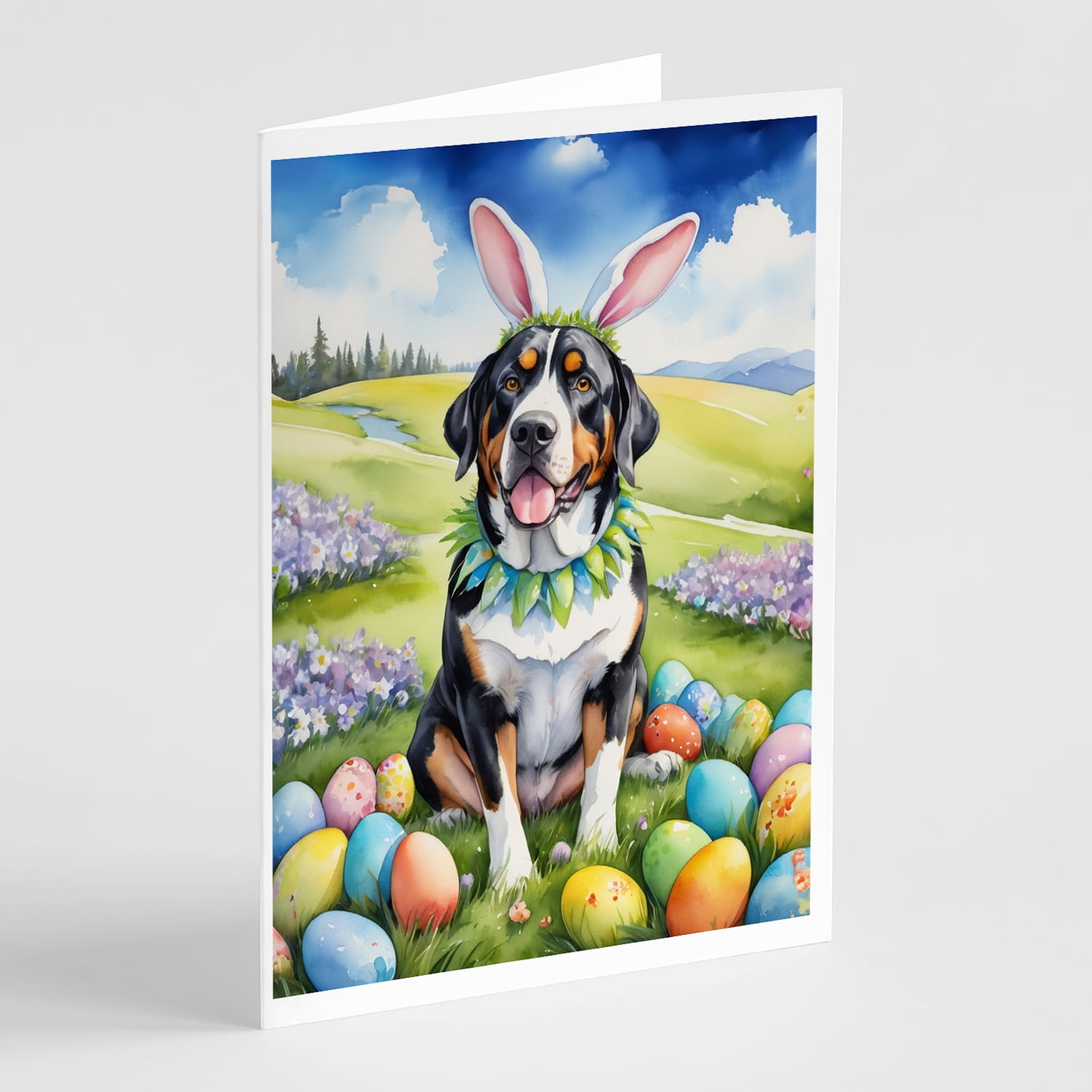 Greater Swiss Mountain Dog Easter Egg Hunt Greeting Cards Pack of 8 7 in x 5 in