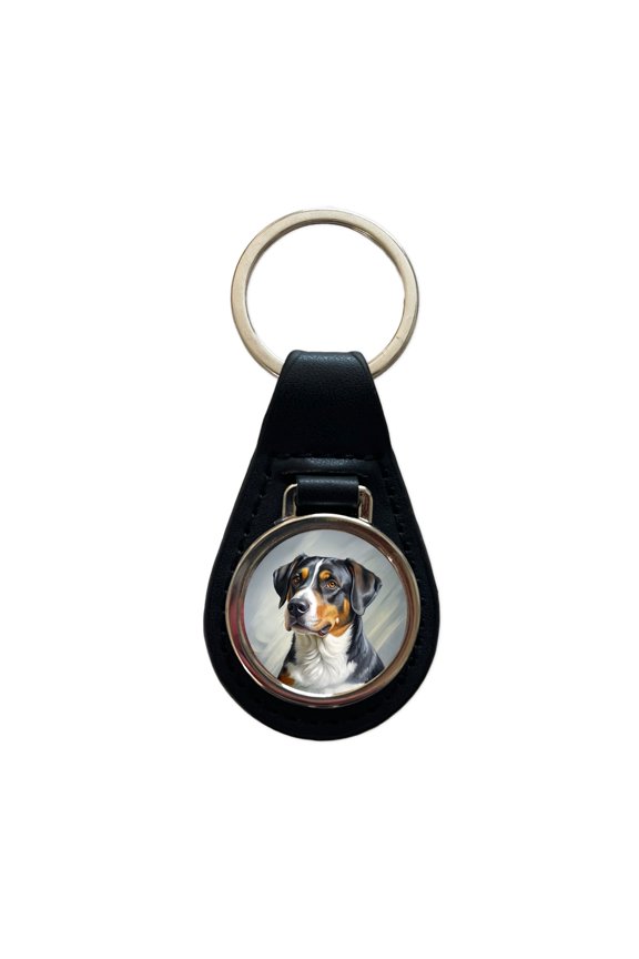 Greater Swiss Mountain Dog Illustration Metal Black Leather Keychain