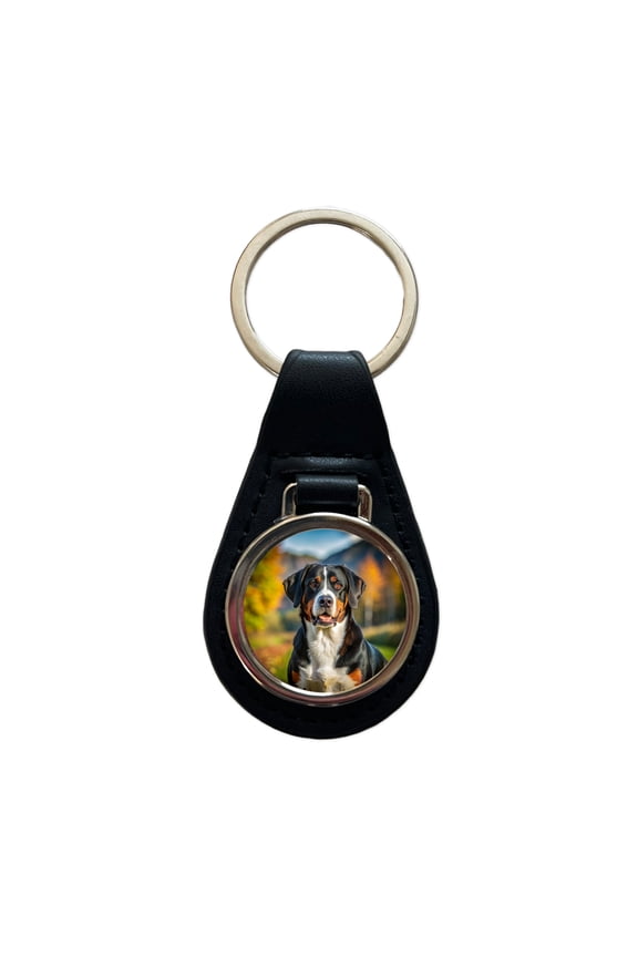 Greater Swiss Mountain Dog Photo Metal Black Leather Keychain