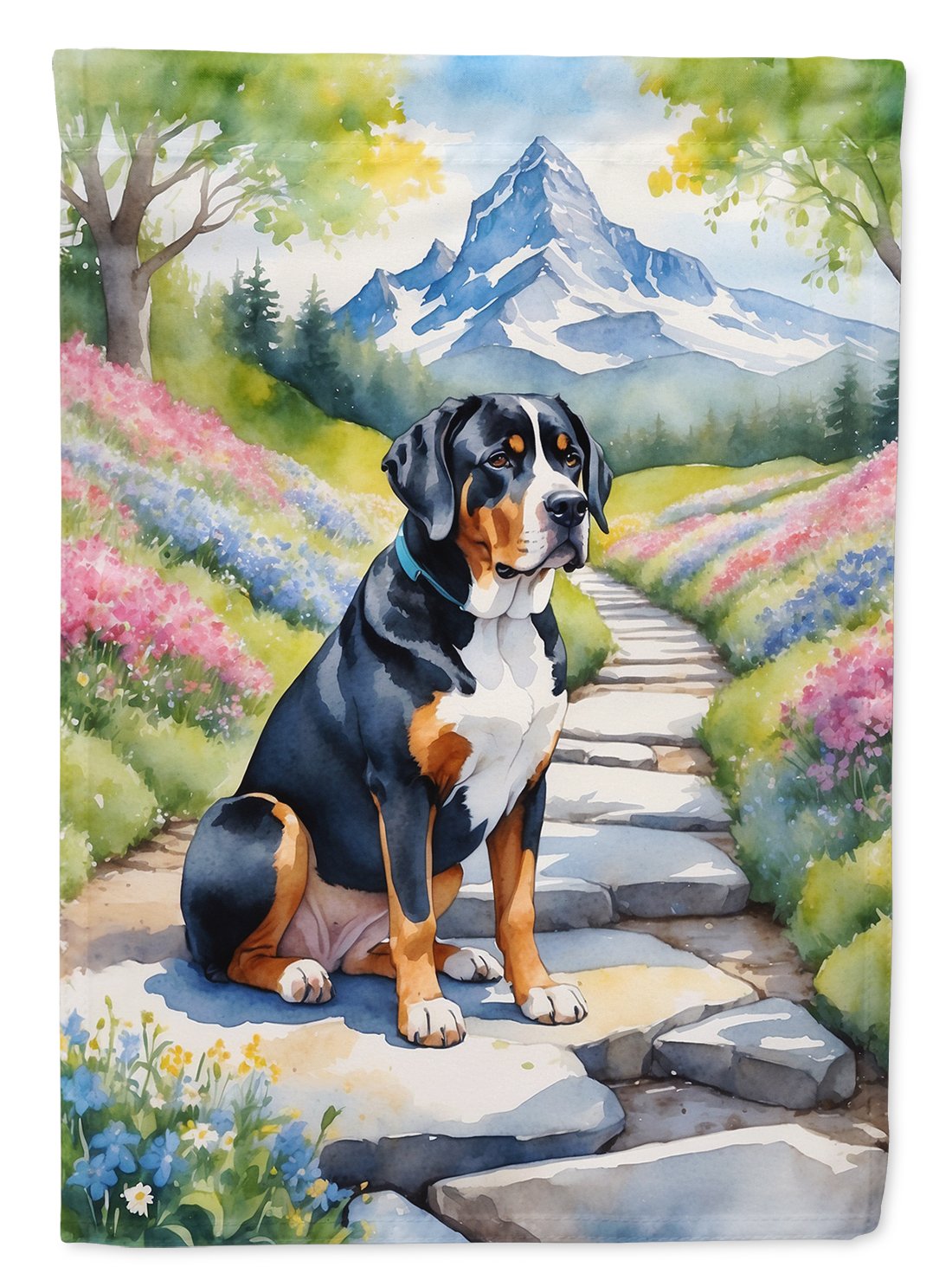 Greater Swiss Mountain Dog Spring Path Garden Flag 11.25 in x 15.5 in