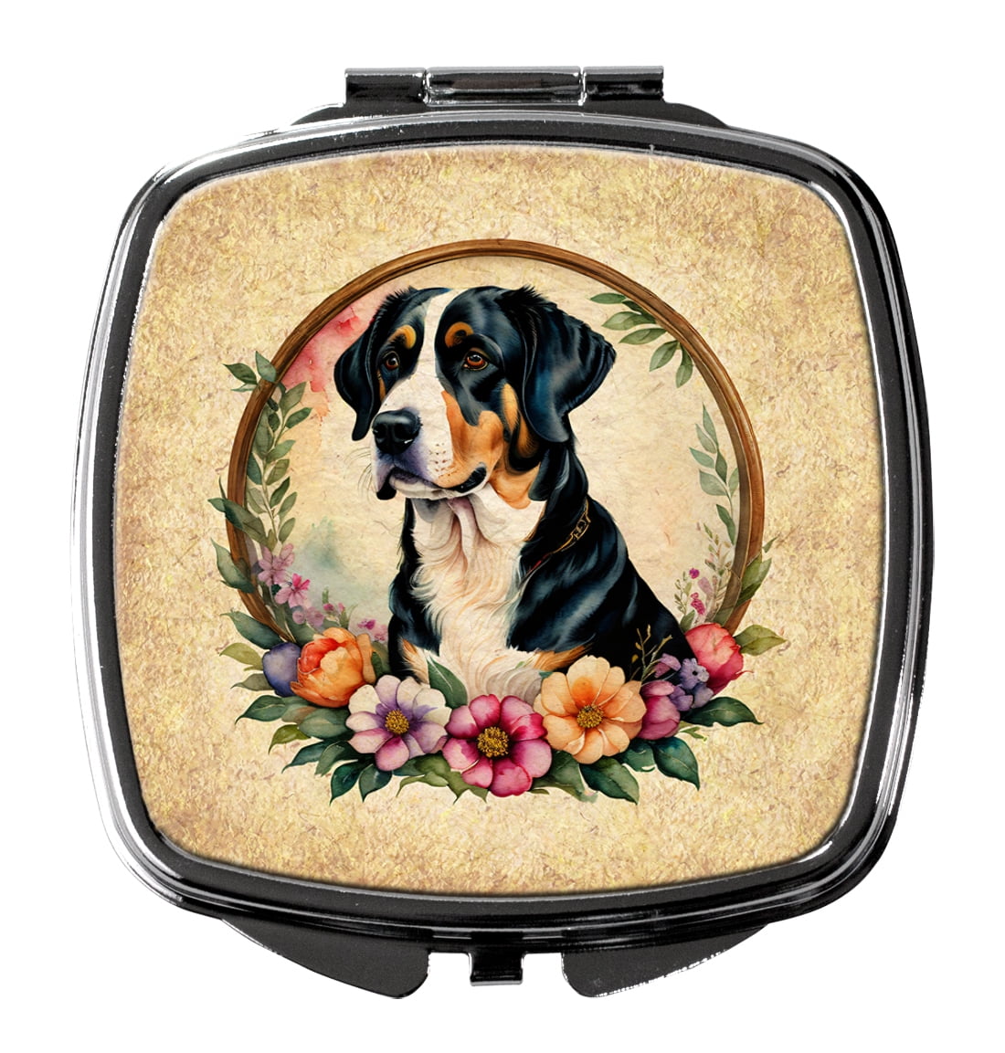 Greater Swiss Mountain Dog and Flowers Compact Mirror 2.75 in x 3 in