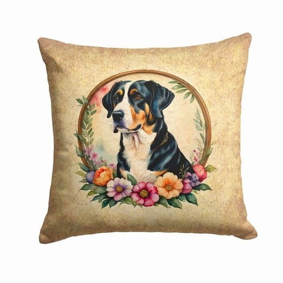 Greater Swiss Mountain Dog and Flowers Fabric Decorative Pillow 18 in x 18 in
