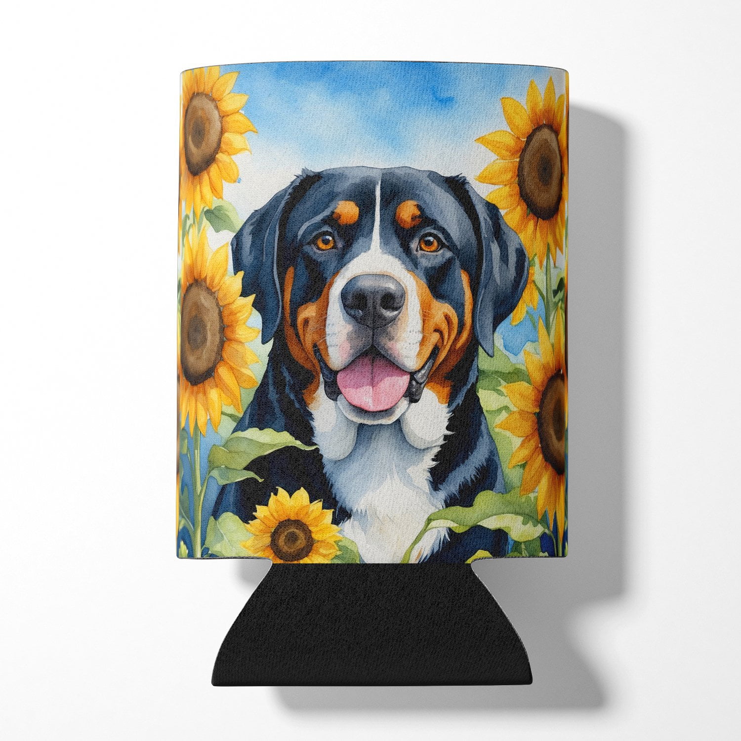 Greater Swiss Mountain Dog in Sunflowers Can or Bottle Hugger 3 in x 5 in