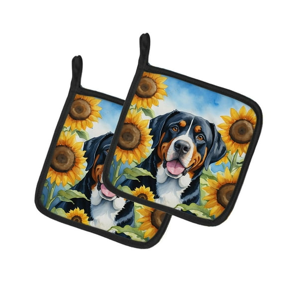Greater Swiss Mountain Dog in Sunflowers Pair of Pot Holders