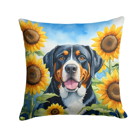 Greater Swiss Mountain Dog in Sunflowers Throw Pillow 14 in x 14 in