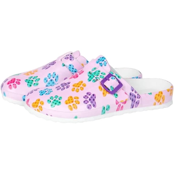 GreaterGood Forever Paws Clogs Lightweight EVA Slip On Shoes Textured Footbed Buckle Detail Animal Print Design for Women Mom Ladies