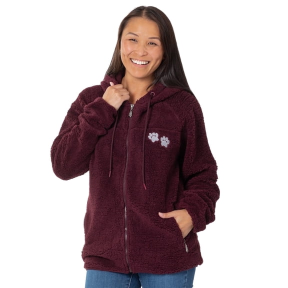 GreaterGood Paw Print Sherpa Full Zip Hooded Jacket Womens Cozy Fleece Hoodie with Zipper Pockets Warm Casual Outerwear