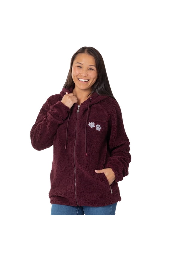Paw Print Sherpa Full Zip Hooded Jacket Womens Cozy Fleece Hoodie with Zipper Pockets Warm Casual Outerwear