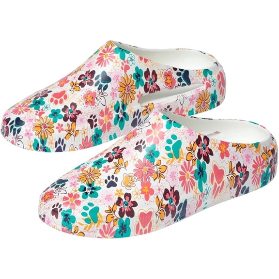 GreaterGood Paw Print Vented Lightweight Slip-On Clogs Breathable Design Floral Slide-On Shoes Gardening Footwear