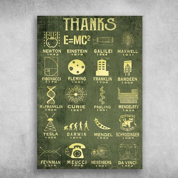 Greatest Scientists - Thanks Newton, Einstein, Galilei, Maxwell, Fibonacci, Fleming, Franklin, Bardeen, Curie, Darwin 11 x 17 Inch Poster