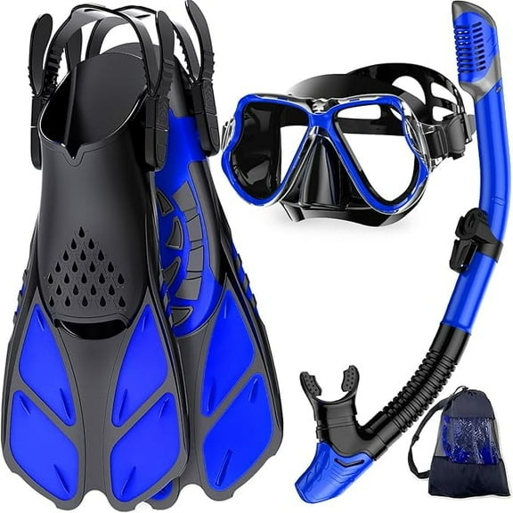 Greatever Mask Fins Snorkel Set, Snorkeling Gear for Adults, Panoramic View Snorkel Mask Anti-Fog, Adjustable Dive Flippers, Dry Top Snorkel and Travel Bag, Scuba Gear for Swimming Snorkeling Diving