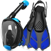 Greatever Mask Fins Snorkeling Gear for Adults, Full Face Snorkel Mask & Adjustable Swim Fins Snorkel Set, Panoramic View Snorkel Mask Dry Top Anti-Fog Anti-Leak l/xl mask+s/m fins