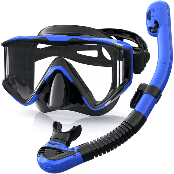 Greatever Snorkel Set Adults, 3 Window Panoramic View Snorkel Mask Anti-Fog, Leak-Proof Scuba Diving Mask with Mesh Bag, Dry Top Mask and Snorkel Set for Adult BLUE