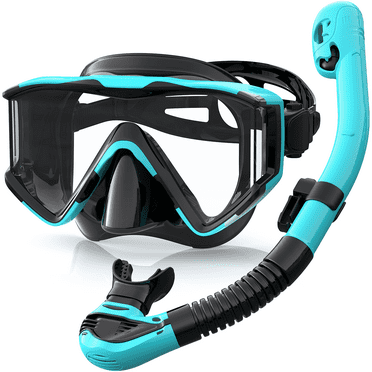 Greatever Snorkel Set Adults, 3 Window Panoramic View Snorkel Mask Anti-Fog, Leak-Proof Scuba Diving Mask with Mesh Bag, Dry Top Mask and Snorkel Set for Adult GREEN