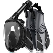Greatever Snorkeling Gear Set with Silicone Full Face Snorkel Mask & Adjustable Swim Fins Snorkel Set, Panoramic View, Anti-Fog, Black, Small