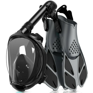 Greatever Snorkel Set with Fins Adults, Full Face Snorkel Mask & Adjustable Swim Fins Snorkel Set, Panoramic View Snorkel Mask Dry Top Anti-Fog Anti-Leak BLACK S
