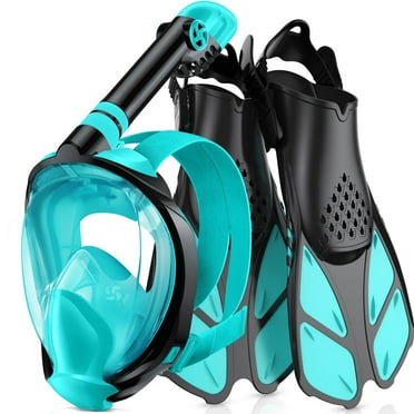 Greatever Snorkel Set with Fins Adults, Full Face Snorkel Mask & Adjustable Swim Fins Snorkel Set, Panoramic View Snorkel Mask Dry Top Anti-Fog Anti-Leak GREEN S