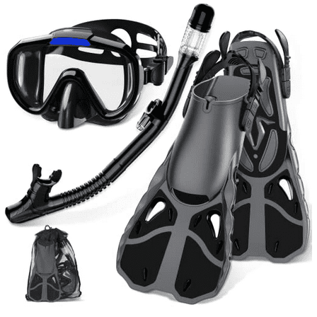 Greatever Snorkel Set with Fins for Adults, Mask Fins Snorkel Gear for Unisex, Dry Top Snorkel Mask Snorkel Fins Combo Set with Travel Bag for Snorkeling, Diving, Swimming BLACK S