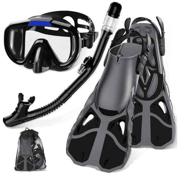 Greatever Snorkel Set with Fins for Adults, Mask Fins Snorkel Gear for Unisex, Dry Top Snorkel Mask Snorkel Fins Combo Set with Travel Bag for Snorkeling, Diving, Swimming BLACK S