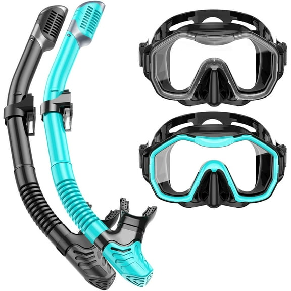Greatever Anti-Fog Snorkel Mask, 180° Panoramic View, Tempered Glass, Dry-Top Snorkel Set for Adults