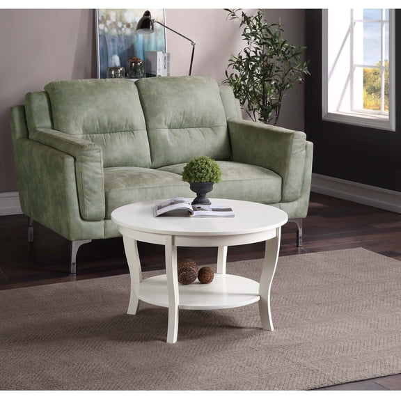 Greatness Round Coffee Table with Shelf, Wood Finish, Classic Transitional Style Table, Two Tier Spacious Shelving, 30.00 x 30.00 x 18.00 Inch White