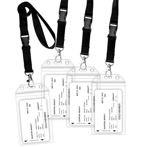 GreatShield 4 Pack Clear ID Badge Holder With Lanyard, Premium Zip Seal Weather Resistant, Vertical Plastic Sleeve Pouch, Name ID Badge Holder With Detachable Quick Release Snap Buckle Black Lanyard