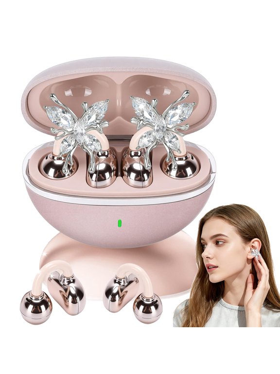 Open Ear Earbuds Clip on Wireless Bluetooth Headphones with Mic, Detachable Butterfly Earrings, 50H Playtime, Light Comfort Fit for Sports