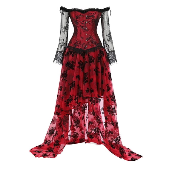 Grebrafan Corset Bustier Gothic Off Shoulder with Prom Skirt 4XL Wine Red Skirt