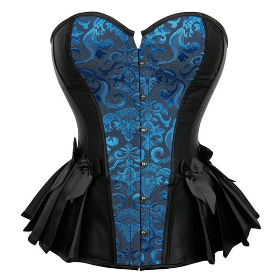 Grebrafan Corset Halloween Party Floral Pleated Trim Bustier Black Blue S
