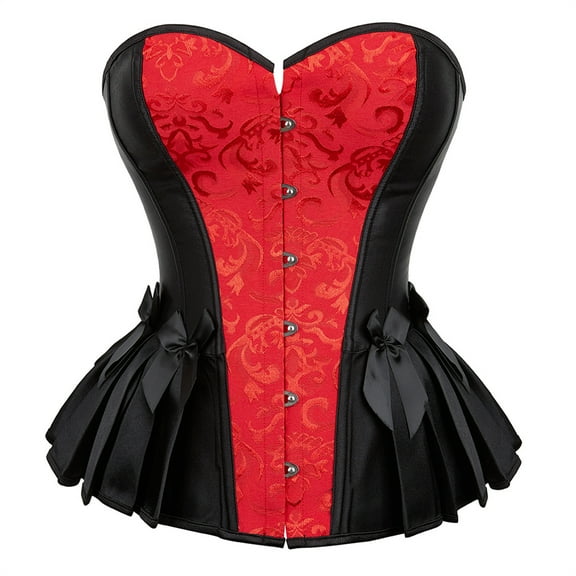 Grebrafan Corset Halloween Party Floral Pleated Trim Bustier Red 2XL