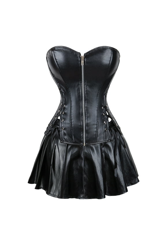 Corset Leather With Skirt Cosplay Steampunk Plus Black M