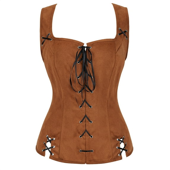 Grebrafan Corset Pirate Burlesque Lace up Clothing for Women Brown XS