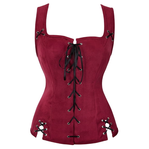 Grebrafan Corset Pirate Burlesque Lace up Clothing for Women Wine Red L