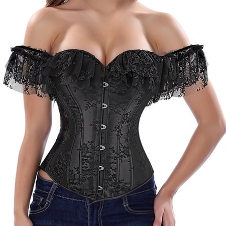 Grebrafan Corset Rockabilly Women Lace Off Shoulder Bustier Black L