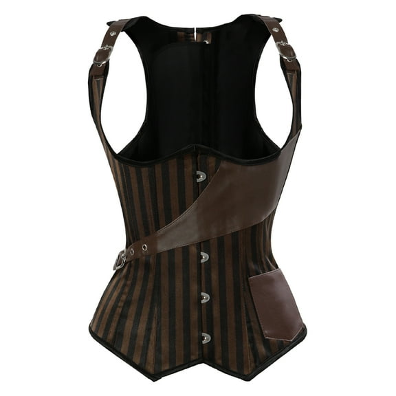 Grebrafan Corset Steel Boned Underbust Steampunk Pirate Brown M