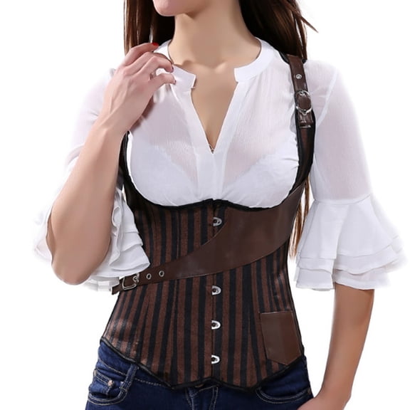Grebrafan Corset Steel Boned Underbust Steampunk Pirate Brown M