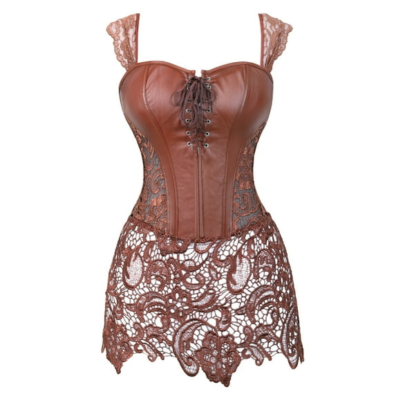 Grebrafan Corset Viking Cosplay Women Leather Boned Bustier Brown L