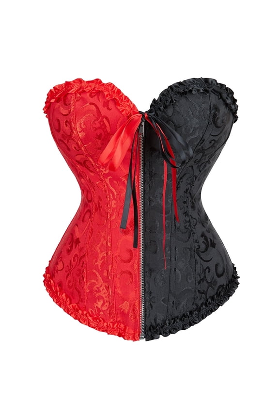 Corset Vintage Women Floral Embroidery Bustier Top Red Black L