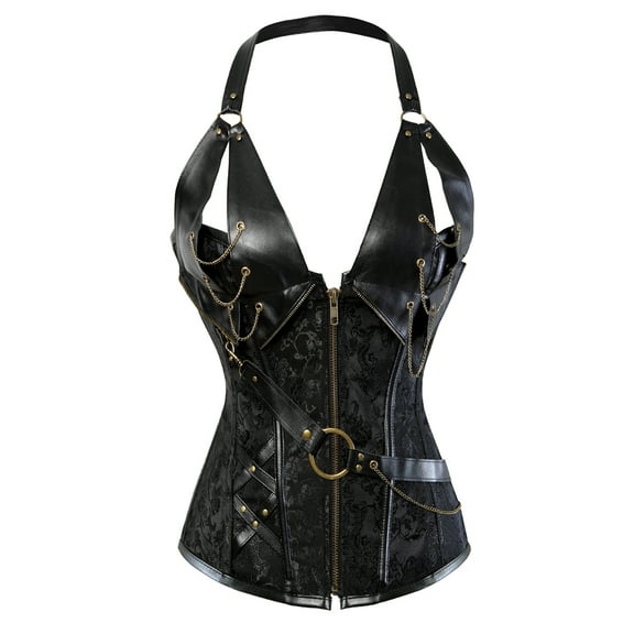 Grebrafan Corset Womens Punk Rock Leather Bustier Top Black 3XL