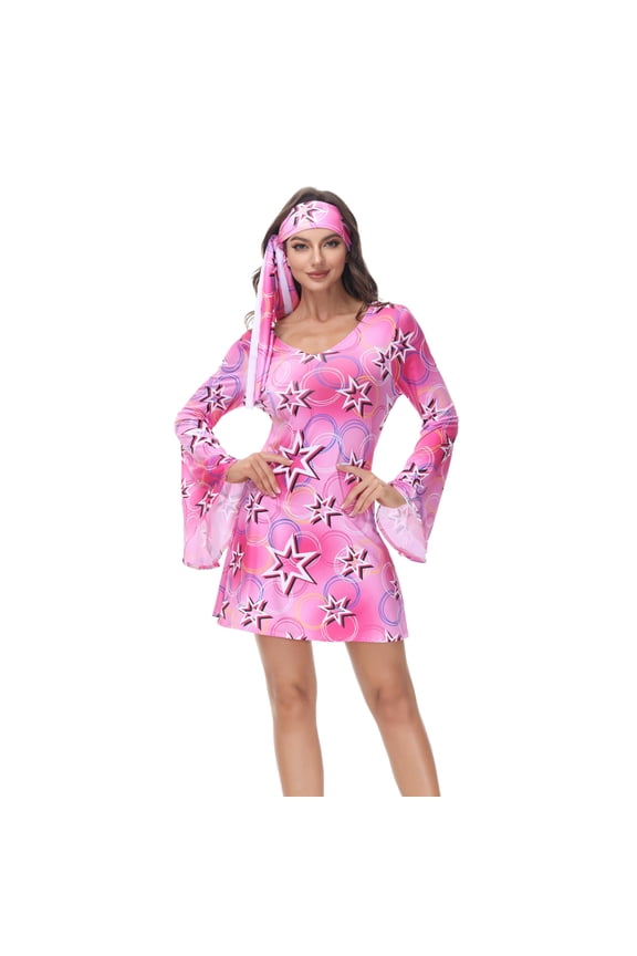 Disco Dresses Women 70s Hippie Rave S Star Pink