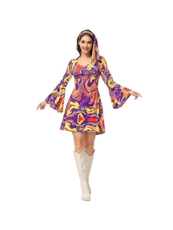 Disco Dresses Women 70s Sparkly Hippie XL Yellow Purple