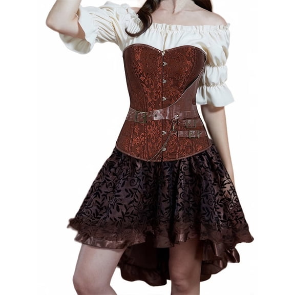 Grebrafan Women 3-Piece Steampunk Costume Set (Beige Blouse, Skirt, Corset ) 3XL Brown