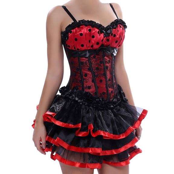 Grebrafan Gothic Polka DOTS Red Corset and Black Skirt with Red Trim Set L