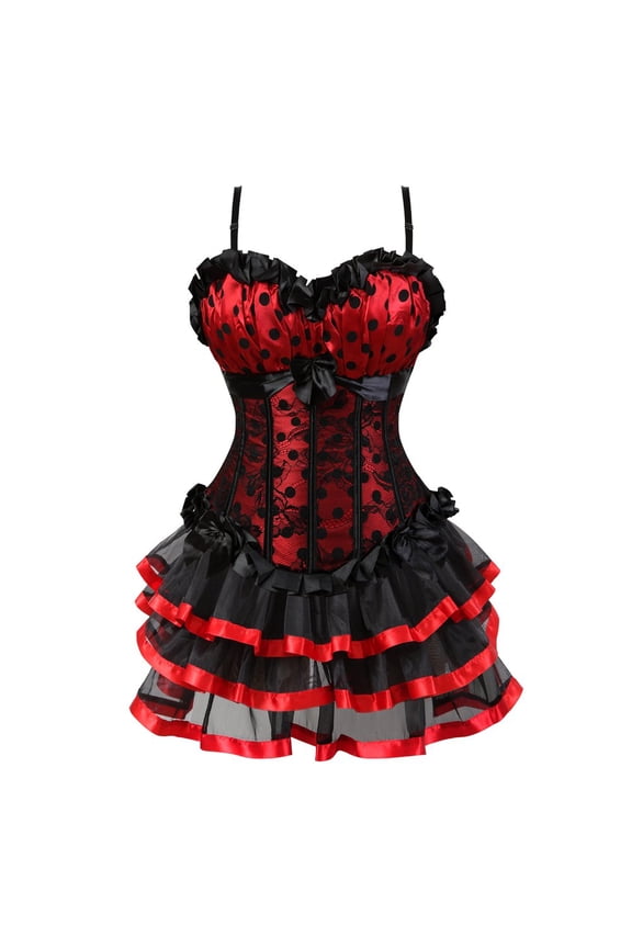 Gothic Polka DOTS Corset with Multi Layer lace Skirt L Red